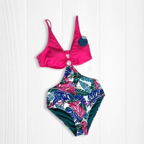 NWT Decree Women Swimsuit Sexy Halter One Piece Pink Multicolor Small - Picture 1 of 6